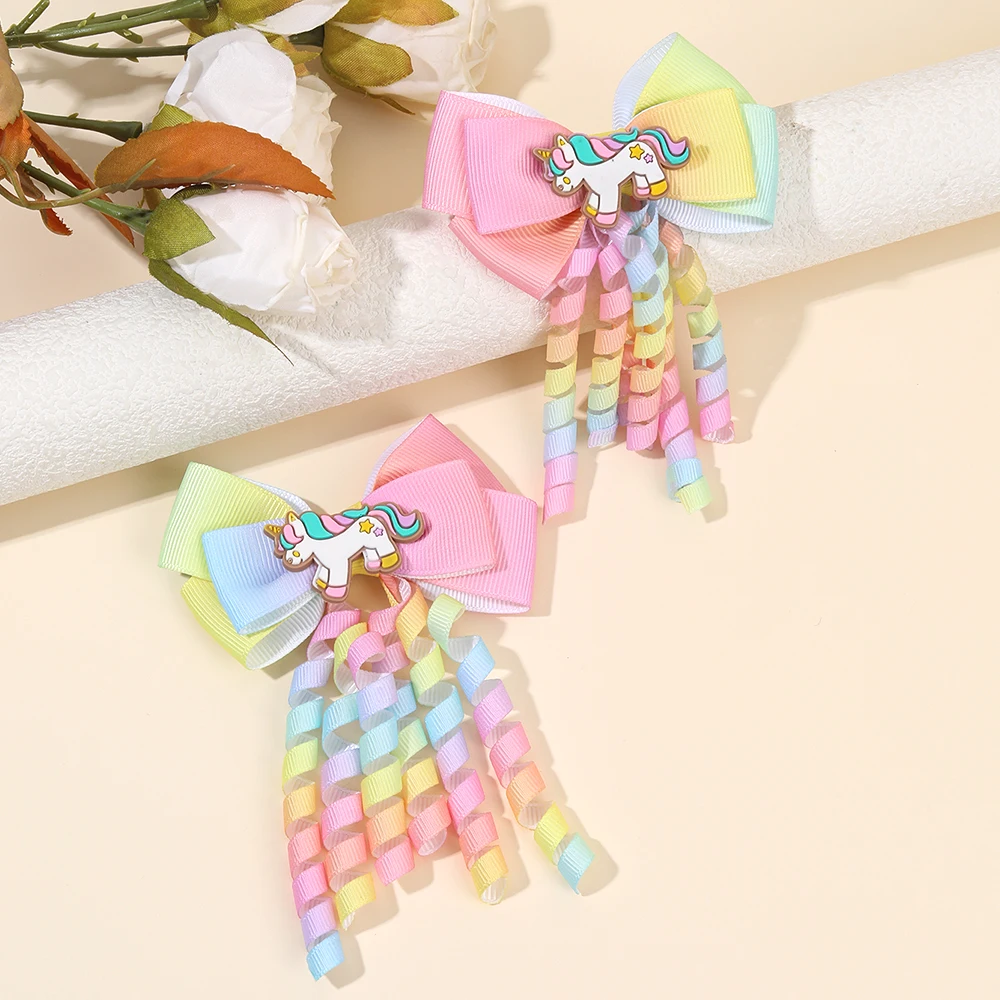 2Pcs Rainbow Unicorn Hair Clip Cute Curly Ribbon Tassel Magical Bow Hairpin For Kids Girls Party Daily Use Headwear Accessories