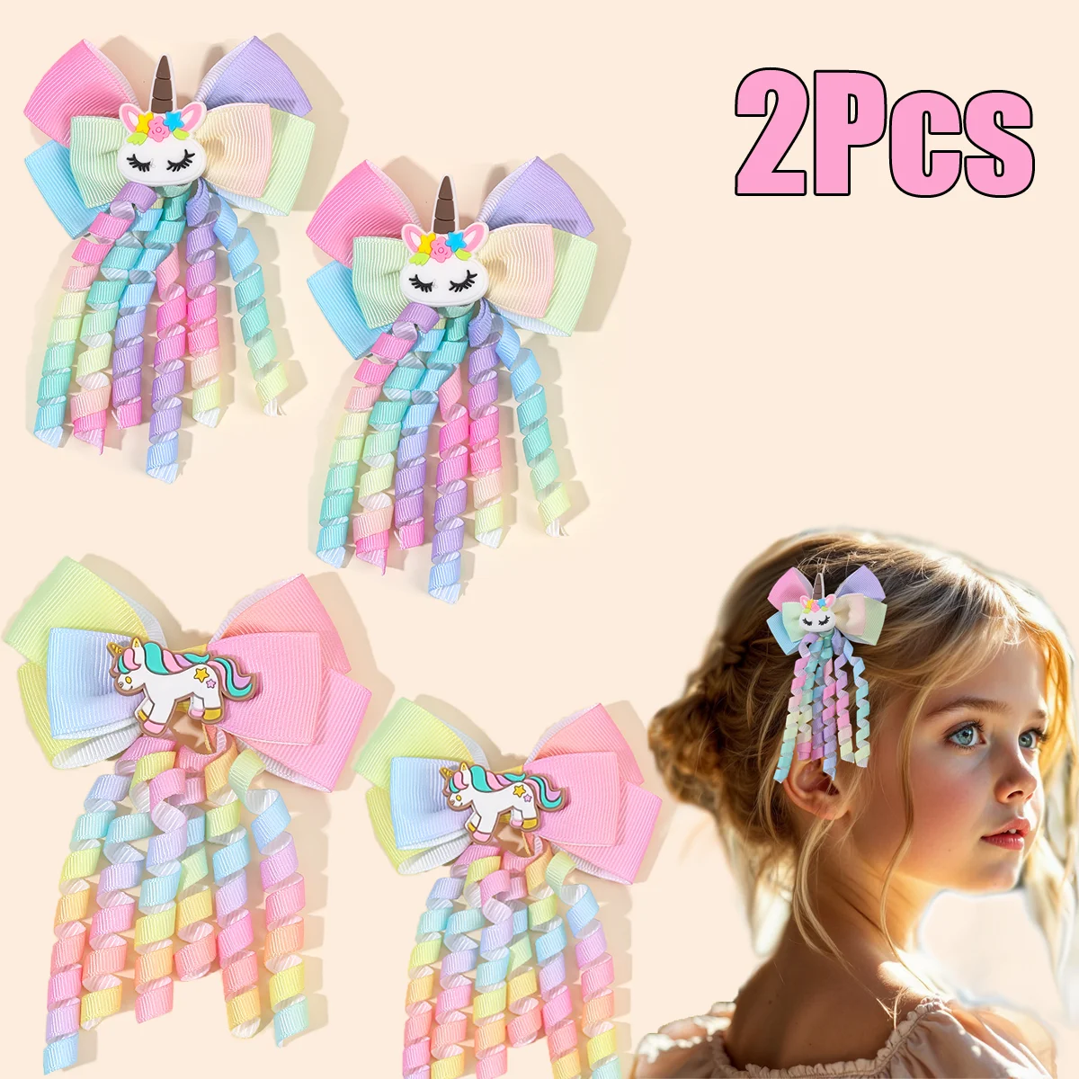 2Pcs Rainbow Unicorn Hair Clip Cute Curly Ribbon Tassel Magical Bow Hairpin For Kids Girls Party Daily Use Headwear Accessories
