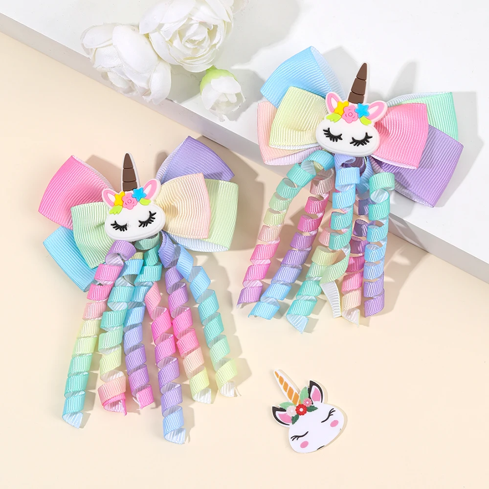 2Pcs Rainbow Unicorn Hair Clip Cute Curly Ribbon Tassel Magical Bow Hairpin For Kids Girls Party Daily Use Headwear Accessories