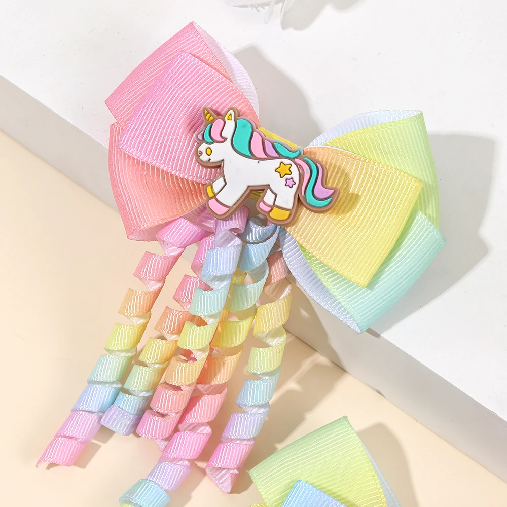 2Pcs Rainbow Unicorn Hair Clip Cute Curly Ribbon Tassel Magical Bow Hairpin For Kids Girls Party Daily Use Headwear Accessories