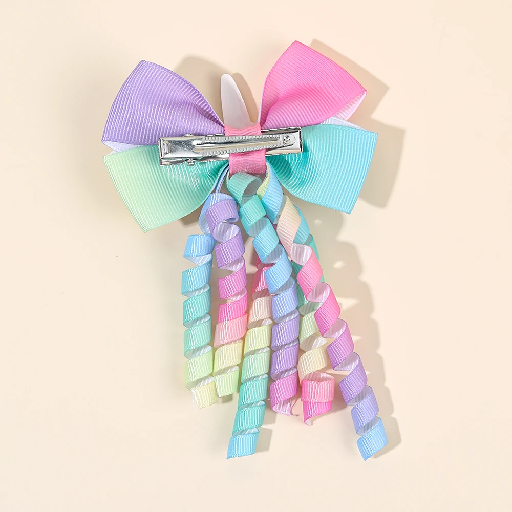 2Pcs Rainbow Unicorn Hair Clip Cute Curly Ribbon Tassel Magical Bow Hairpin For Kids Girls Party Daily Use Headwear Accessories