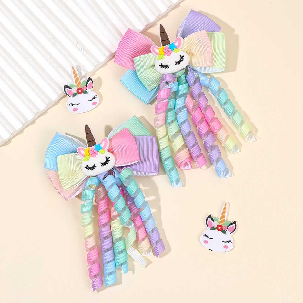 2Pcs Rainbow Unicorn Hair Clip Cute Curly Ribbon Tassel Magical Bow Hairpin For Kids Girls Party Daily Use Headwear Accessories