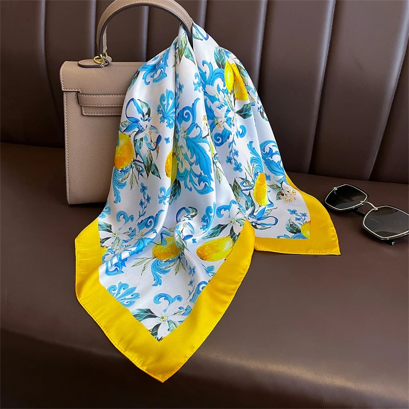 Summer Sunscreen Lemon Print 70cm Square Beach Silk Scarf Casual Elegant Thin Breathable Neck Women Head Wrap Hair Scarves Shawl