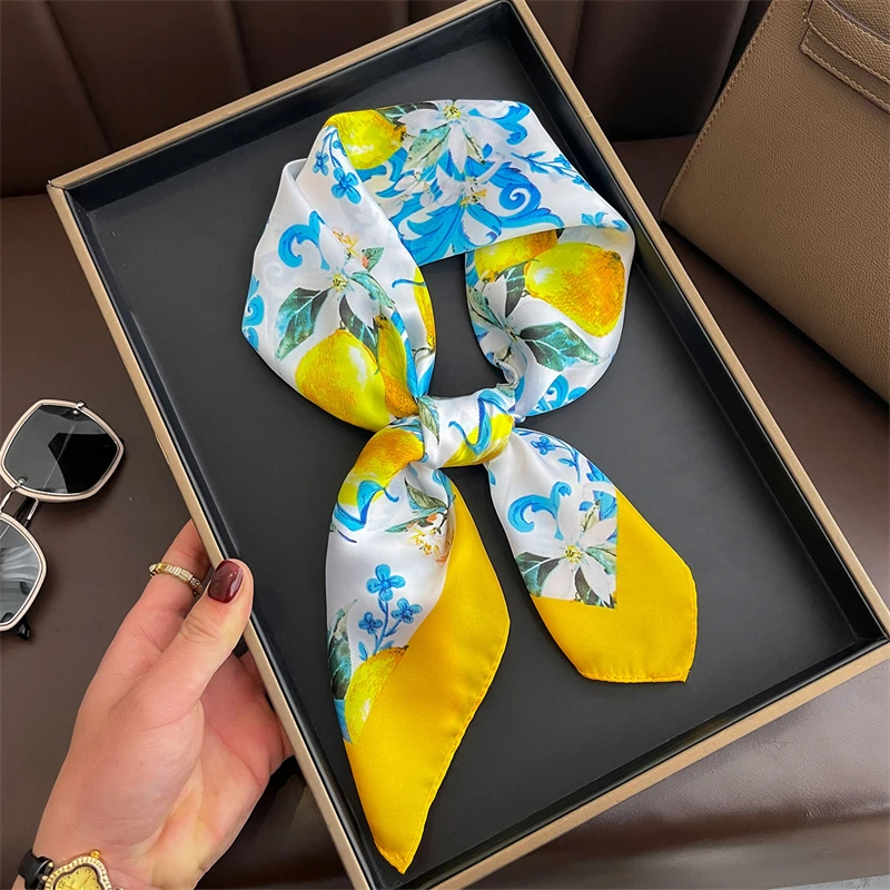 Summer Sunscreen Lemon Print 70cm Square Beach Silk Scarf Casual Elegant Thin Breathable Neck Women Head Wrap Hair Scarves Shawl