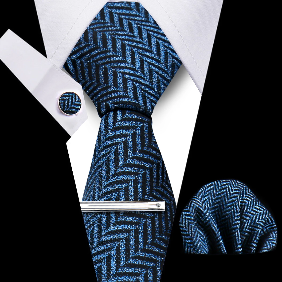 Tie Set For Men 4pcs Set Necktie Pocket Square Cufflinks Tie Clip Suit Paisley Navy Blue Business Necktie Accessories Gravatas