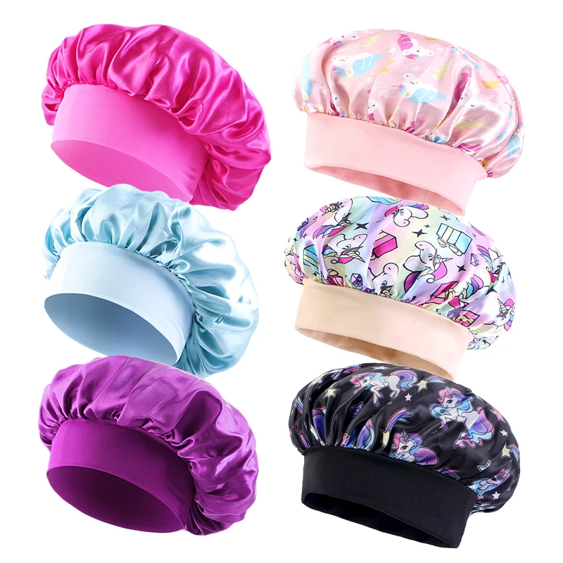 6PCS/LOT Children Bonnet Cute Wide Band Elastic Cartoon Printing Sleep Fashion Nightcap Hair Care Kids Boys Girls Sleeping Cap