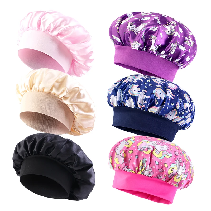 6PCS/LOT Children Bonnet Cute Wide Band Elastic Cartoon Printing Sleep Fashion Nightcap Hair Care Kids Boys Girls Sleeping Cap