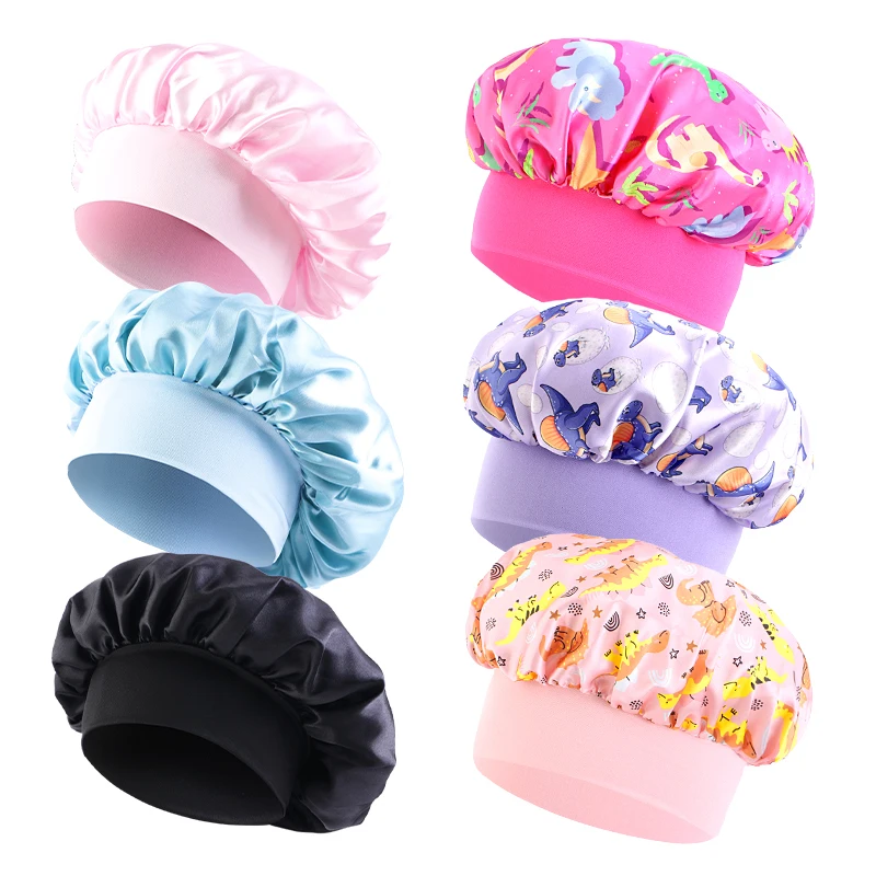 6PCS/LOT Children Bonnet Cute Wide Band Elastic Cartoon Printing Sleep Fashion Nightcap Hair Care Kids Boys Girls Sleeping Cap