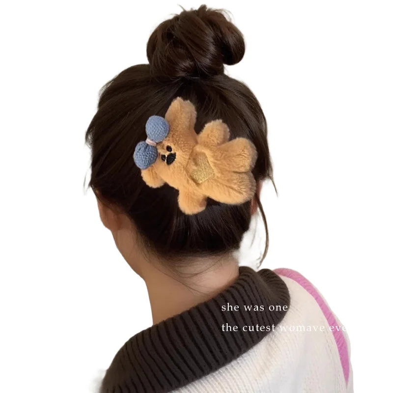 New Plush Bear Hair Clip Side Claws Bowknot Bear Barrettes Headdress for Women Cute Coffee Hairpin Bobby Pins for Broken Hair