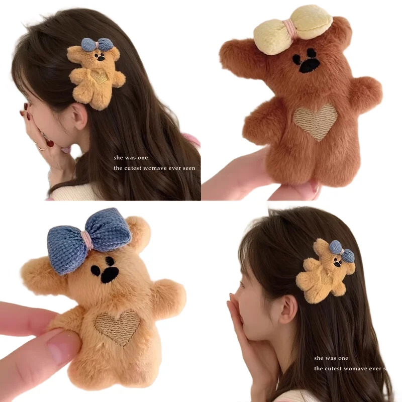 New Plush Bear Hair Clip Side Claws Bowknot Bear Barrettes Headdress for Women Cute Coffee Hairpin Bobby Pins for Broken Hair