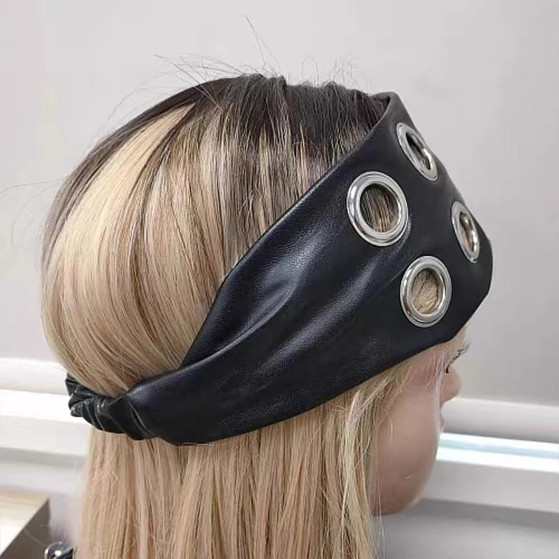 Punk Girls Fashion Hair Bands PU Leather Hollow Air Eye Metal Rivets Wide Elastic Headband Personalized Fashion Hair Accessories