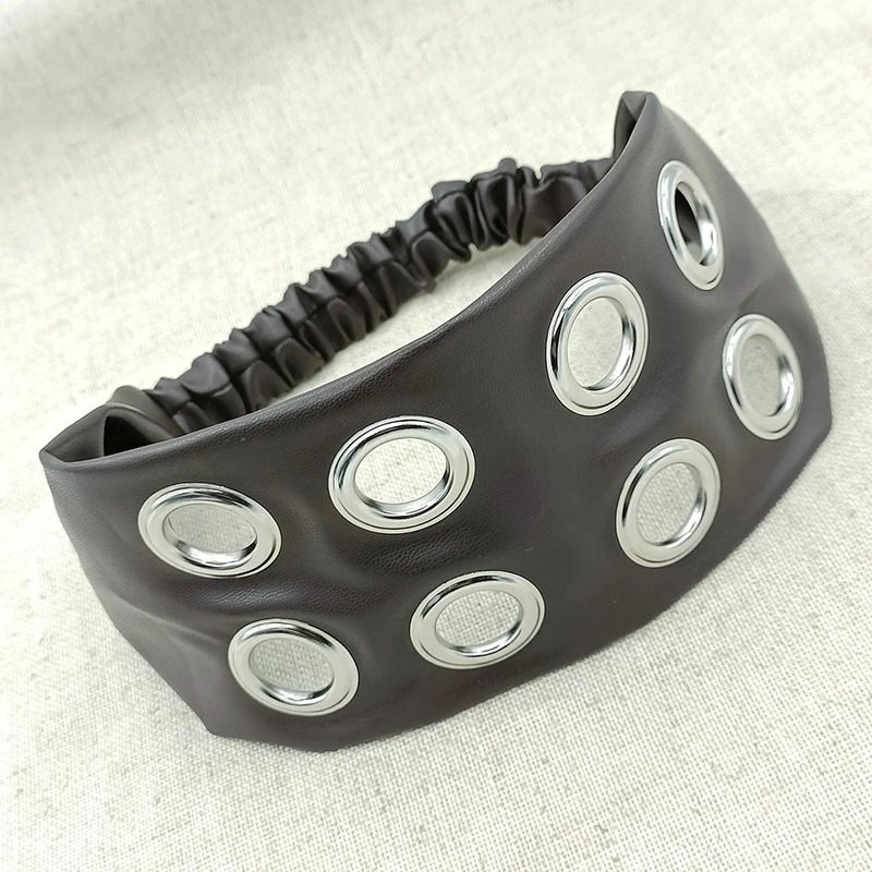 Punk Girls Fashion Hair Bands PU Leather Hollow Air Eye Metal Rivets Wide Elastic Headband Personalized Fashion Hair Accessories