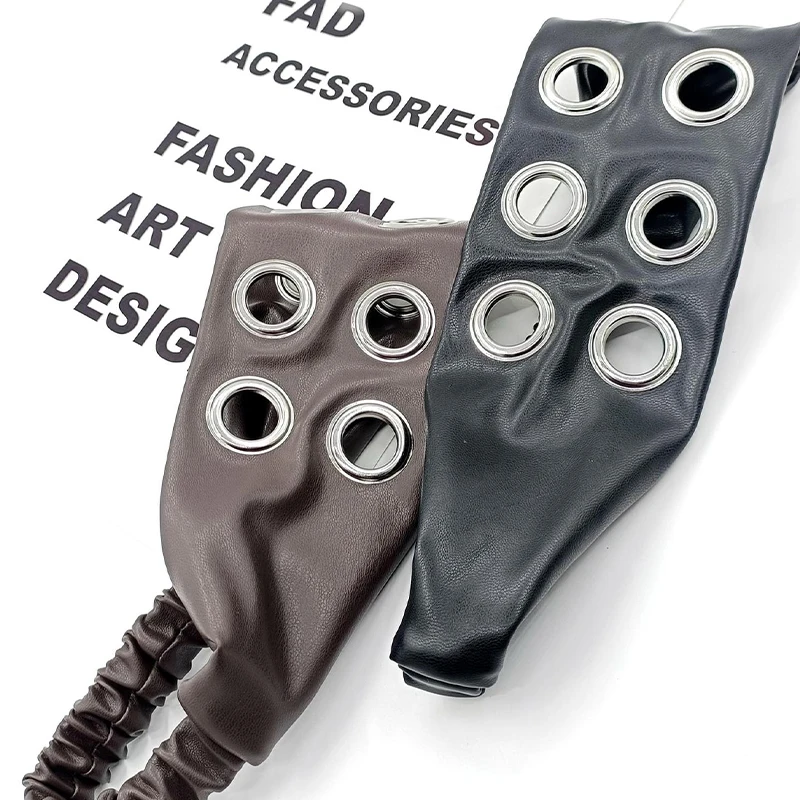 Punk Girls Fashion Hair Bands PU Leather Hollow Air Eye Metal Rivets Wide Elastic Headband Personalized Fashion Hair Accessories