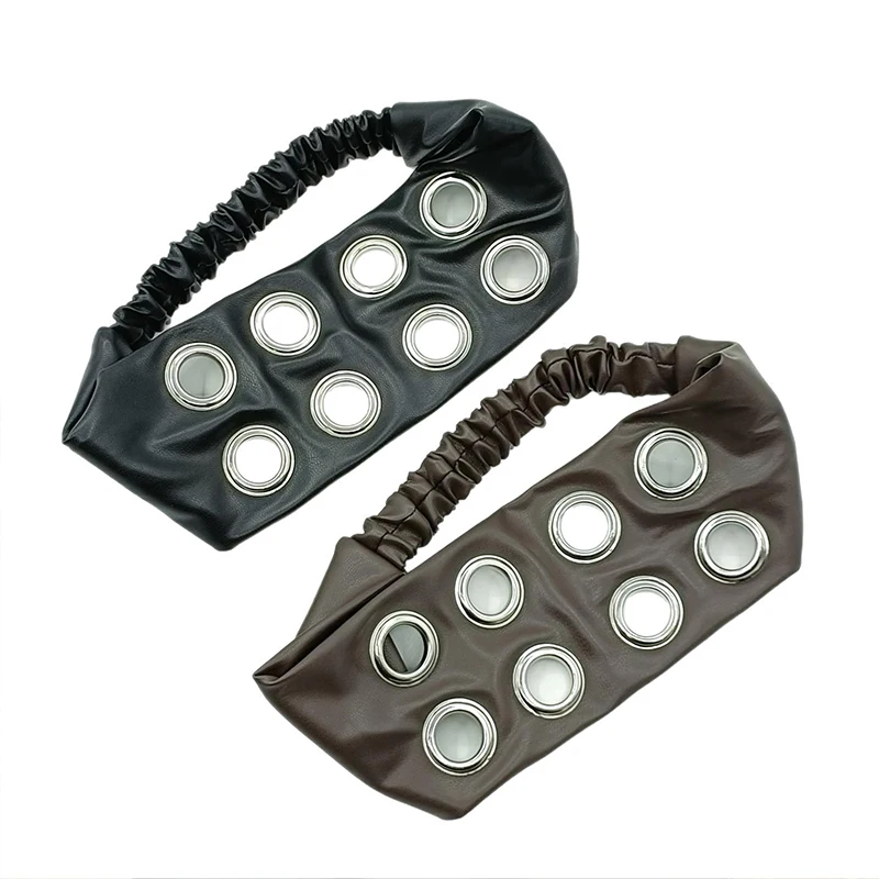 Punk Girls Fashion Hair Bands PU Leather Hollow Air Eye Metal Rivets Wide Elastic Headband Personalized Fashion Hair Accessories