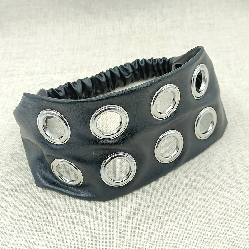Punk Girls Fashion Hair Bands PU Leather Hollow Air Eye Metal Rivets Wide Elastic Headband Personalized Fashion Hair Accessories