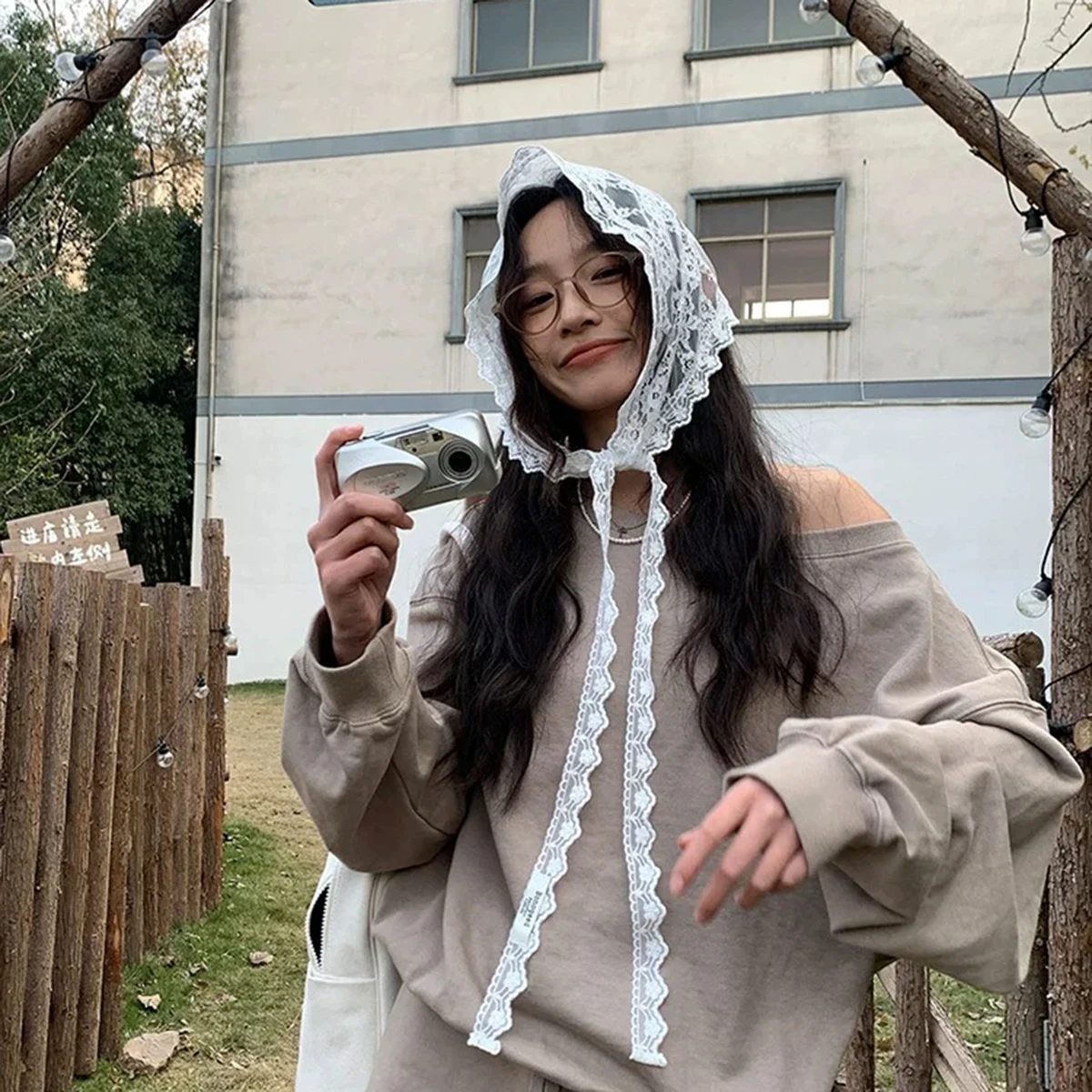 AWAYTR Summer White Woven Floral Lace Hair Scarf Wraps Women Retro Triangle Headscarf Hat Travel Photo Headband Hair Accessories