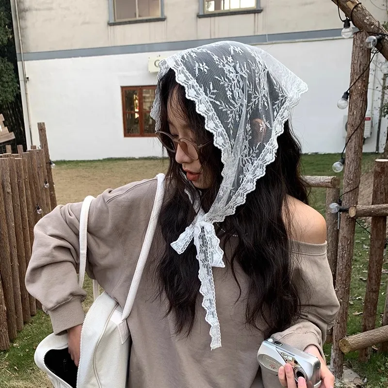 AWAYTR Summer White Woven Floral Lace Hair Scarf Wraps Women Retro Triangle Headscarf Hat Travel Photo Headband Hair Accessories