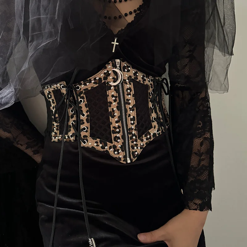 Wide Leopard Print Hollow Corset Belts For Women Black Belt Female Desiner Luxury Moon Punk Gothic Cummerbunds Y2K Waistband