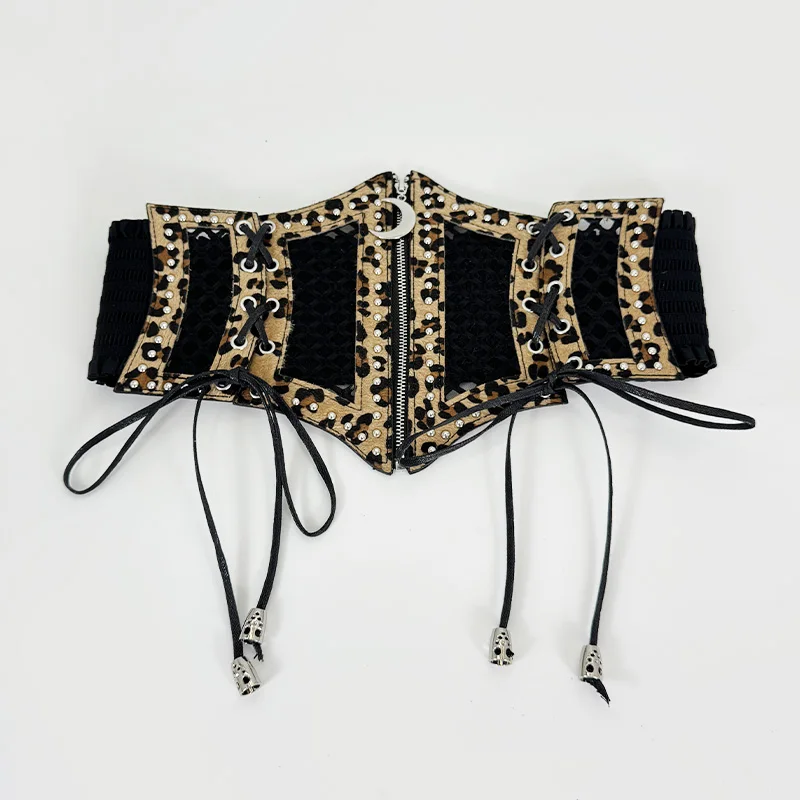 Wide Leopard Print Hollow Corset Belts For Women Black Belt Female Desiner Luxury Moon Punk Gothic Cummerbunds Y2K Waistband