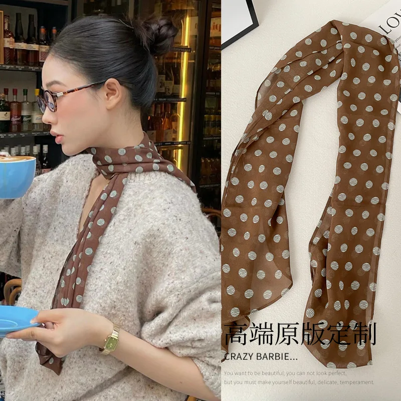 2025 headband accessory series brown scarf printed with polka dot silk scarf fashion Korean version long strip decoration new st
