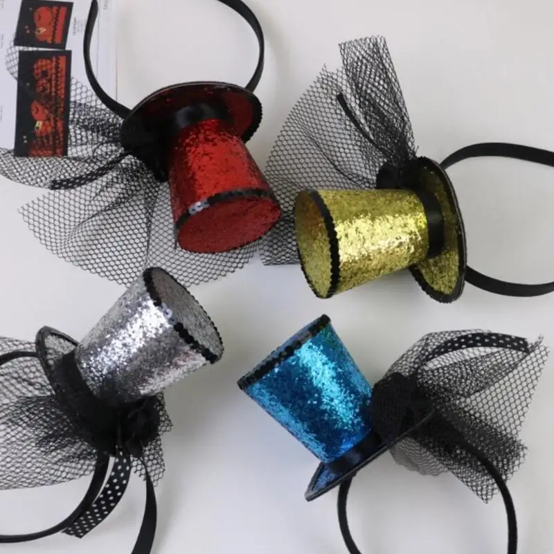 49MF Veil Top Hat Fascinators Hair Hoop Tea Hat for Girls Kids Vintage Pillbox Hat Tea Hat Fascinators Halloween