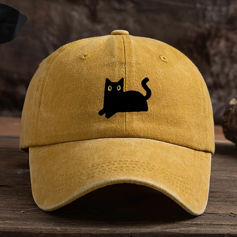 Adjustable black cat printed baseball cap, outdoor fishing casual cap, comfortable headwear