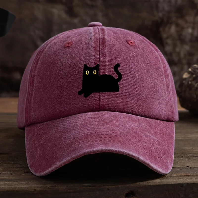 Adjustable black cat printed baseball cap, outdoor fishing casual cap, comfortable headwear