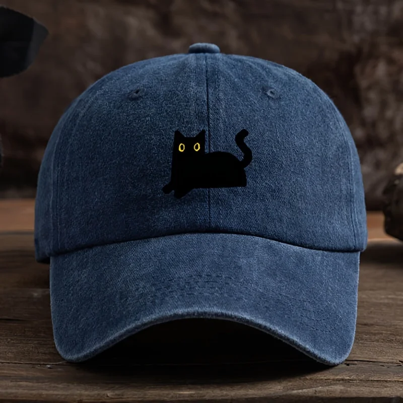 Adjustable black cat printed baseball cap, outdoor fishing casual cap, comfortable headwear
