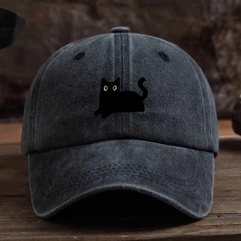 Adjustable black cat printed baseball cap, outdoor fishing casual cap, comfortable headwear