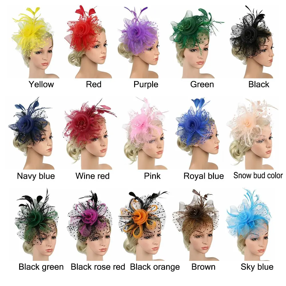 Cocktail Mesh Flower Feathers Hair Clip Fascinator Hat for Women Tea Party Headband Hair Accessories