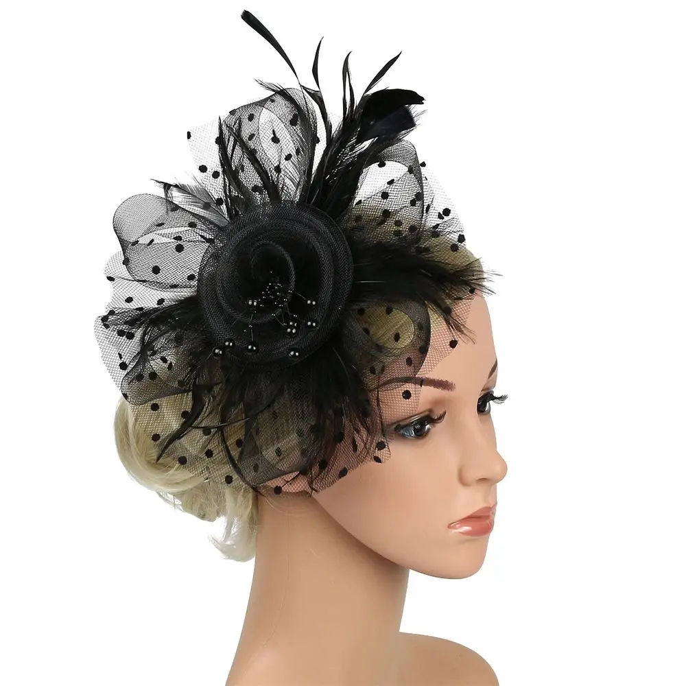 Cocktail Mesh Flower Feathers Hair Clip Fascinator Hat for Women Tea Party Headband Hair Accessories