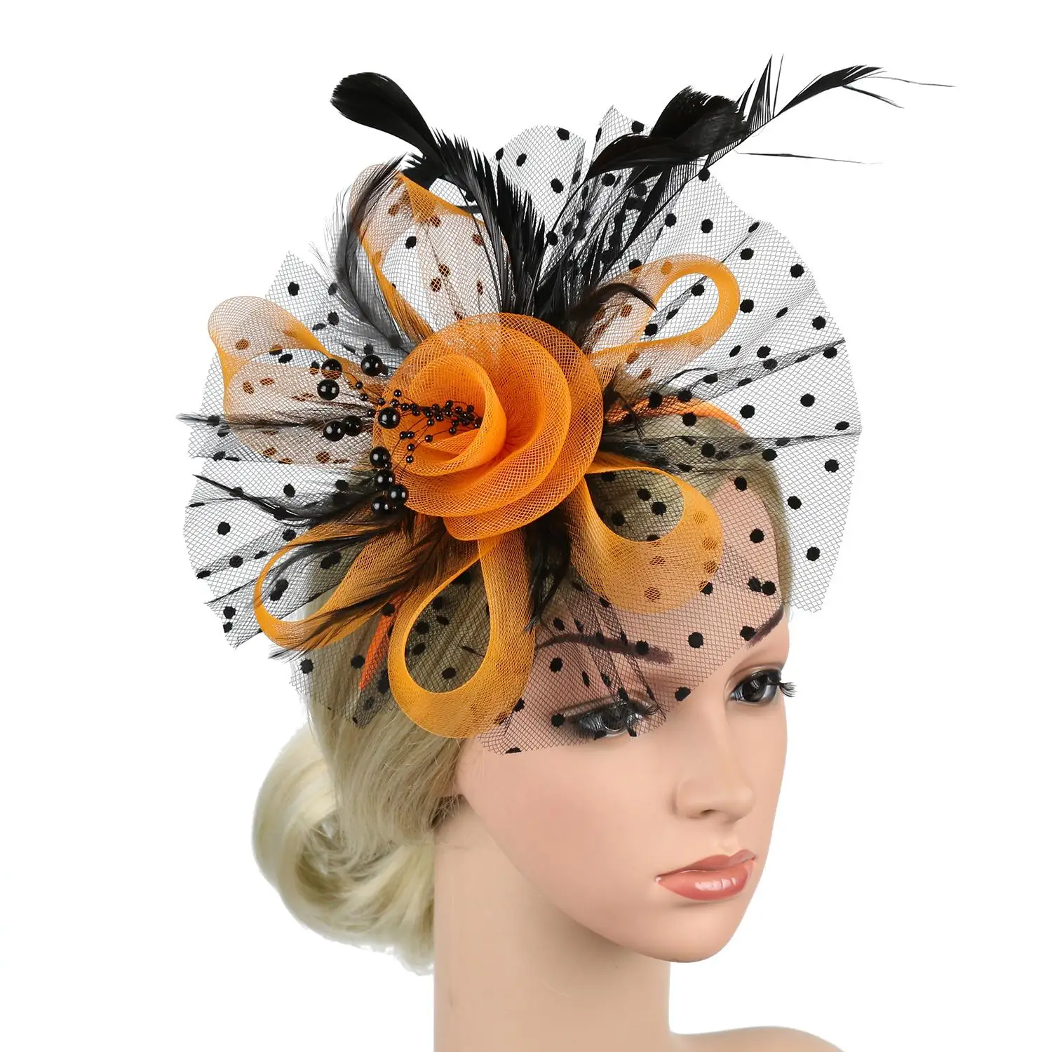 Cocktail Mesh Flower Feathers Hair Clip Fascinator Hat for Women Tea Party Headband Hair Accessories