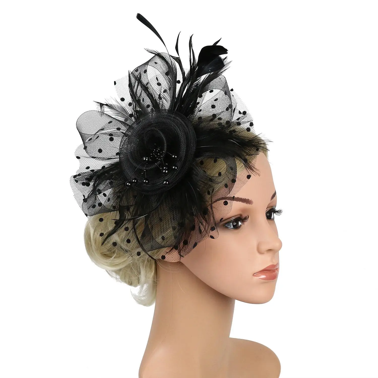 Cocktail Mesh Flower Feathers Hair Clip Fascinator Hat for Women Tea Party Headband Hair Accessories