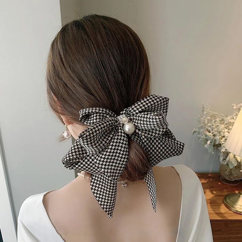 Vintage Thousand Bird Grid Large Bow Hairpin with Satin and Pearl Hairpin