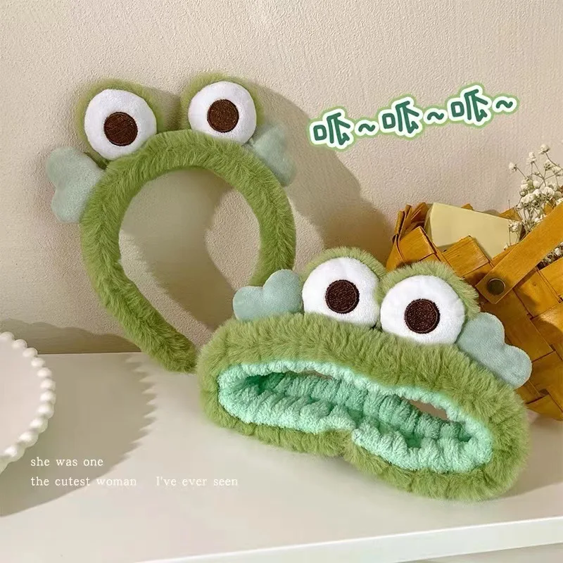 Cartoon and Funny Cute Green Frog Headband Animal Plush Hair Accessories for Women's Face Wash Bath Makeup Use Hair Accessories