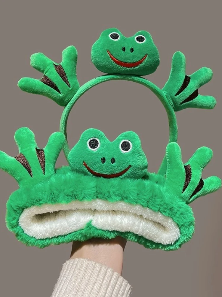 Cartoon and Funny Cute Green Frog Headband Animal Plush Hair Accessories for Women's Face Wash Bath Makeup Use Hair Accessories