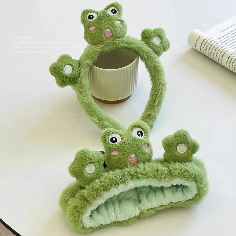 Cartoon and Funny Cute Green Frog Headband Animal Plush Hair Accessories for Women's Face Wash Bath Makeup Use Hair Accessories