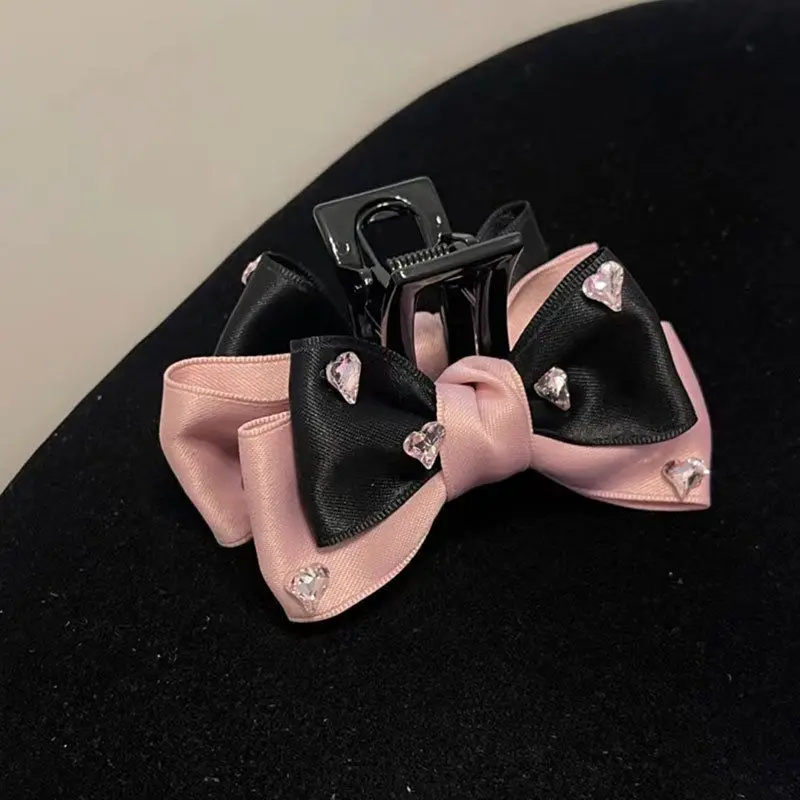 1pc Female group bow clip new pink and black satin back of head dished shark clip hair accessory
