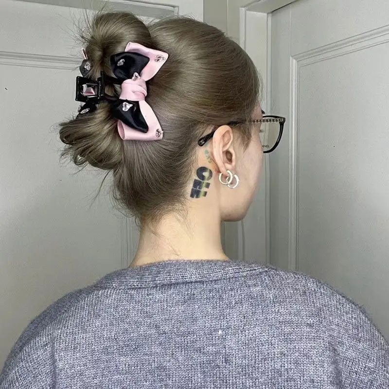 1pc Female group bow clip new pink and black satin back of head dished shark clip hair accessory