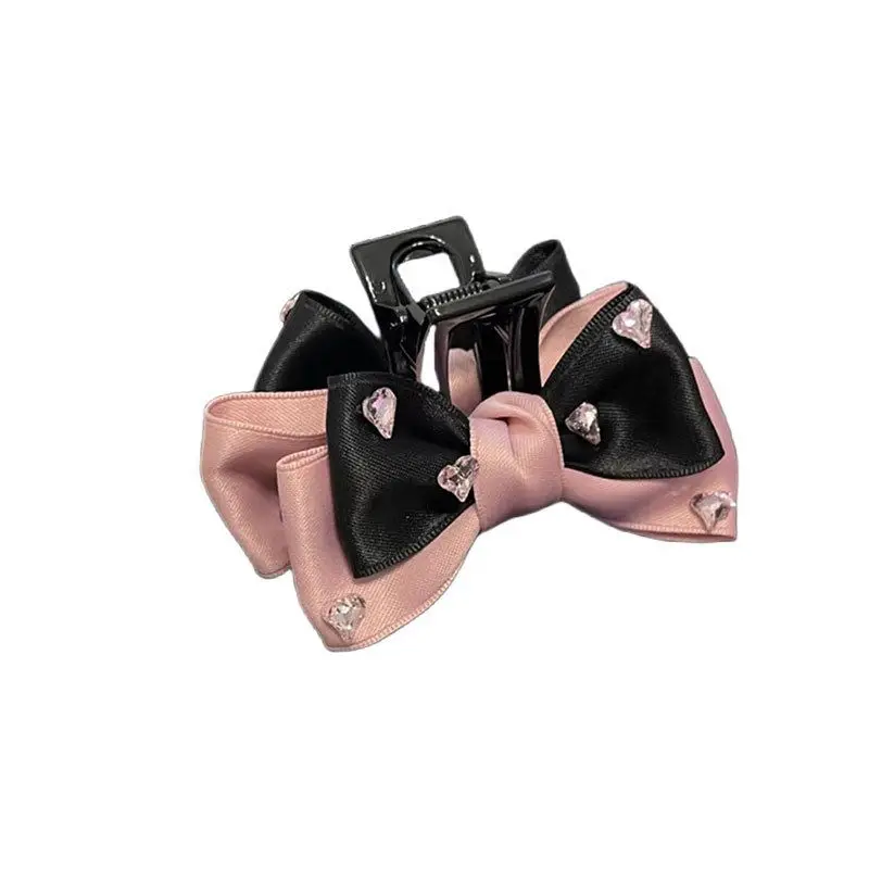 1pc Female group bow clip new pink and black satin back of head dished shark clip hair accessory