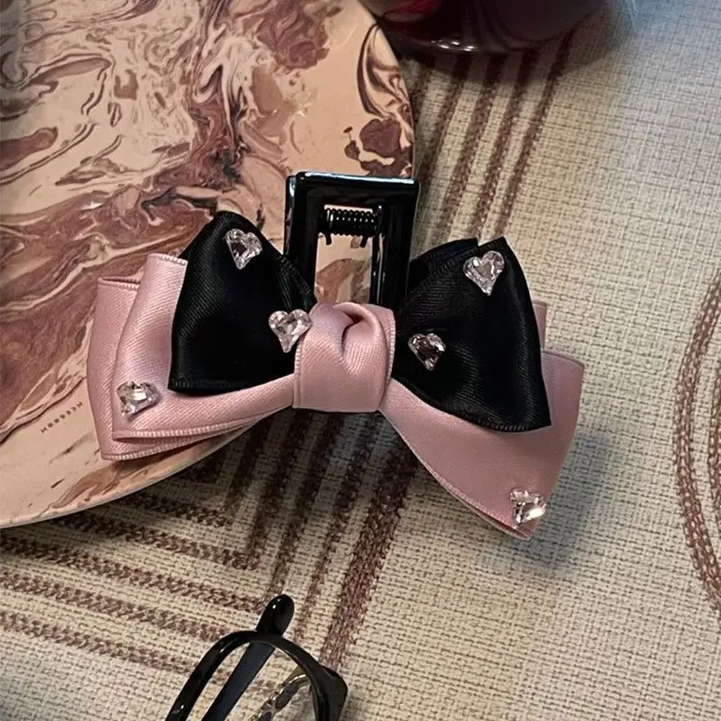 1pc Female group bow clip new pink and black satin back of head dished shark clip hair accessory