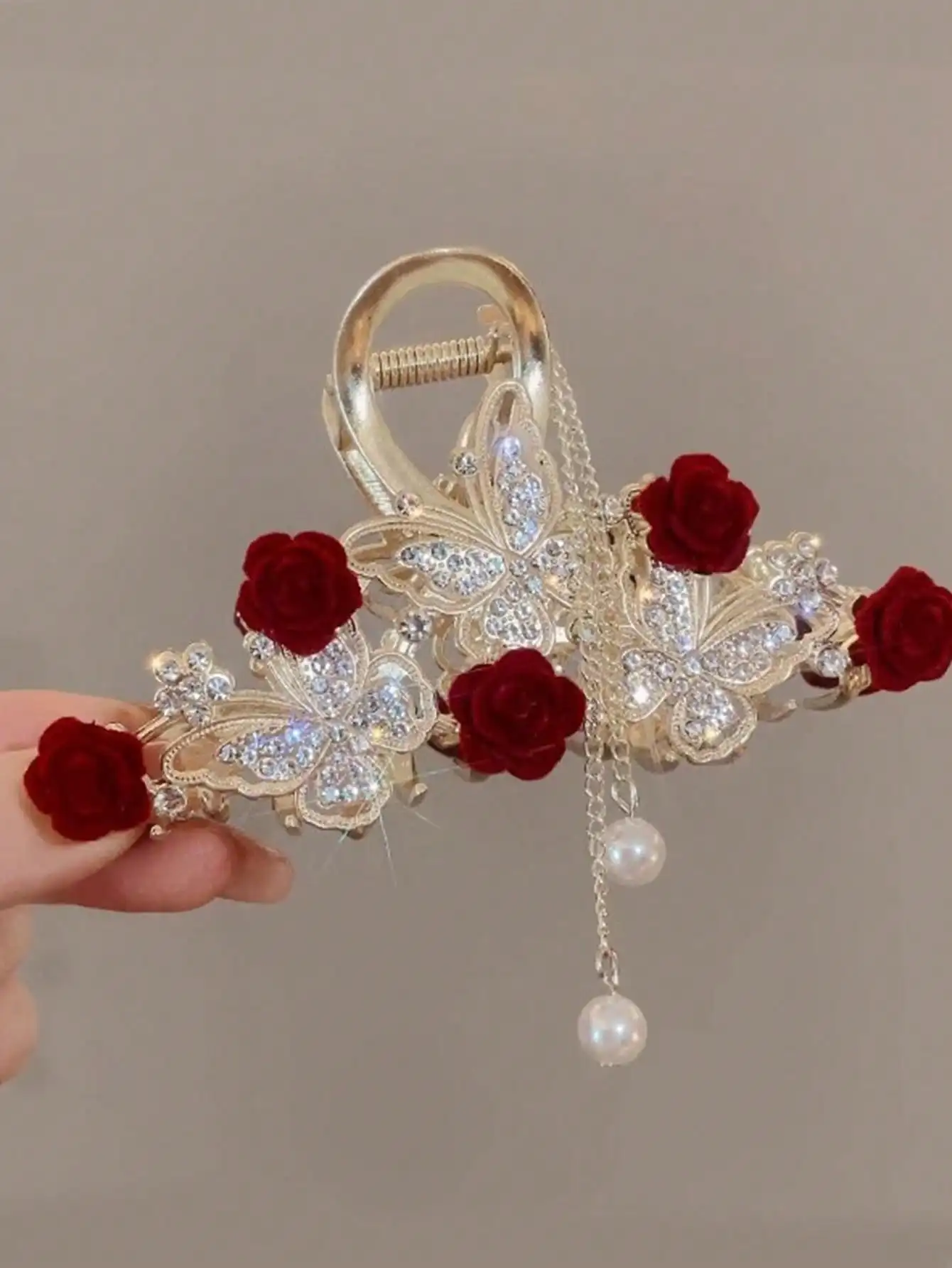 1 Pcs Fashion Exquisite Crystal Butterfly Rose Flower Artificial Pearl Tassel Hair Claws For Women Girls Party Hair Accessories