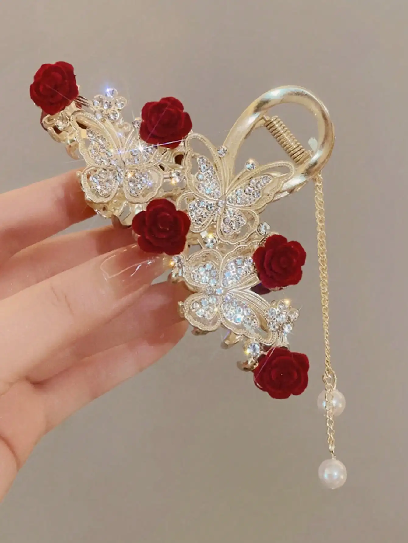 1 Pcs Fashion Exquisite Crystal Butterfly Rose Flower Artificial Pearl Tassel Hair Claws For Women Girls Party Hair Accessories