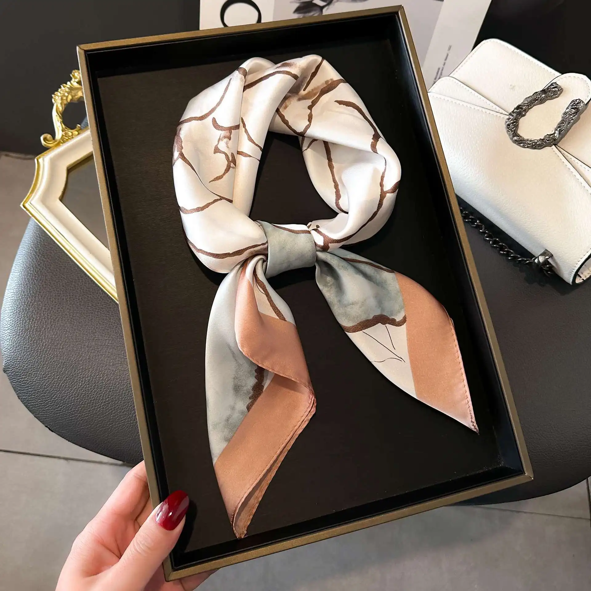 Print 70cm Floral Satin Headkerchief Women Luxury Design Neck Tie Scarf Female Hair Hand Wrist Foulard Shawl Hijab Bandana New