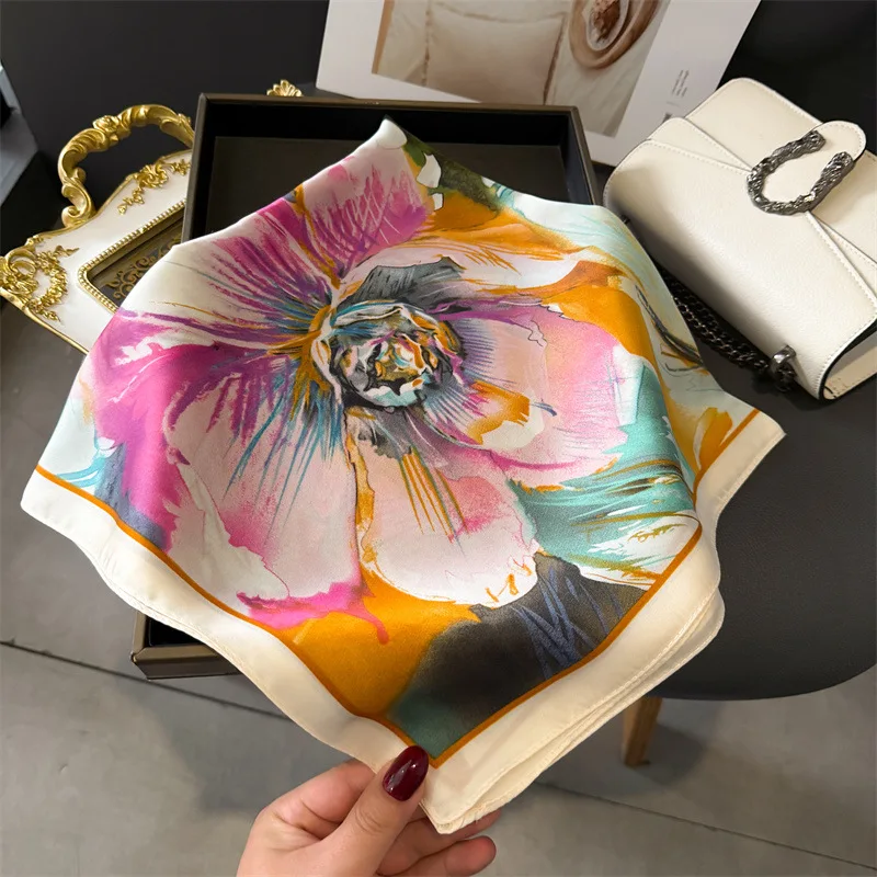 Print 70cm Floral Satin Headkerchief Women Luxury Design Neck Tie Scarf Female Hair Hand Wrist Foulard Shawl Hijab Bandana New
