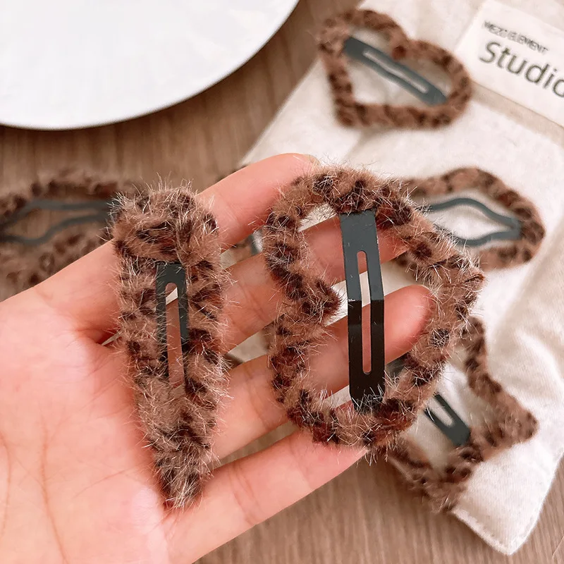 Korean Leopard Print BB Hair Clips with Hollow-out Design Fluffy Hairpins for Girls Cute Baby Hair Accessories