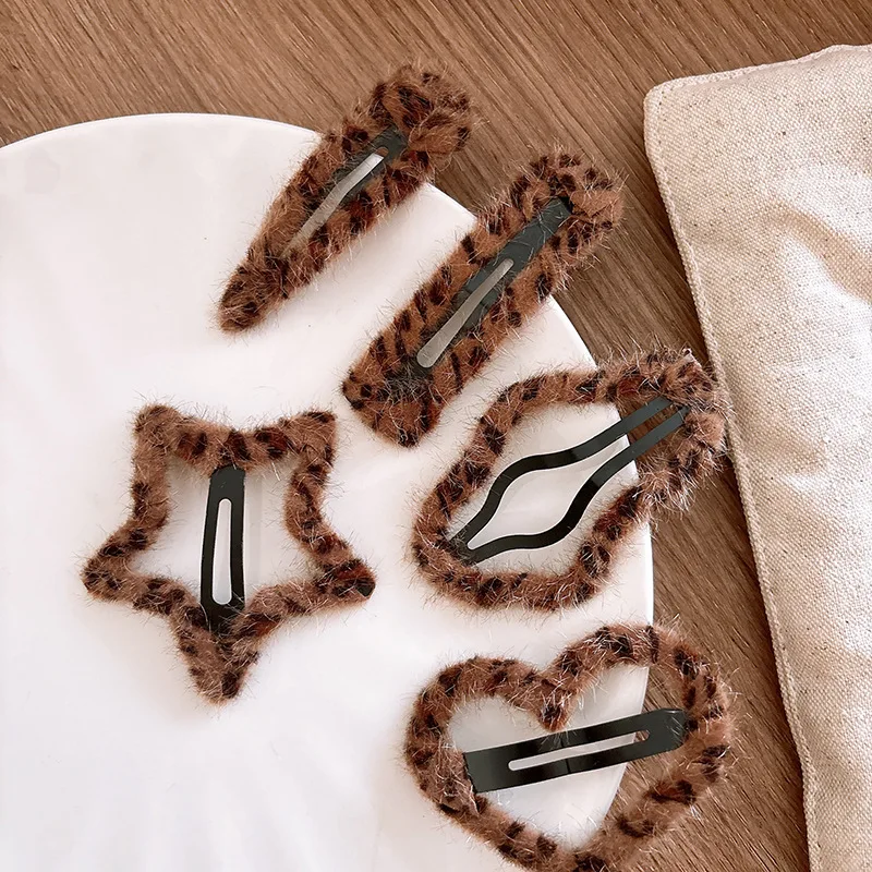 Korean Leopard Print BB Hair Clips with Hollow-out Design Fluffy Hairpins for Girls Cute Baby Hair Accessories