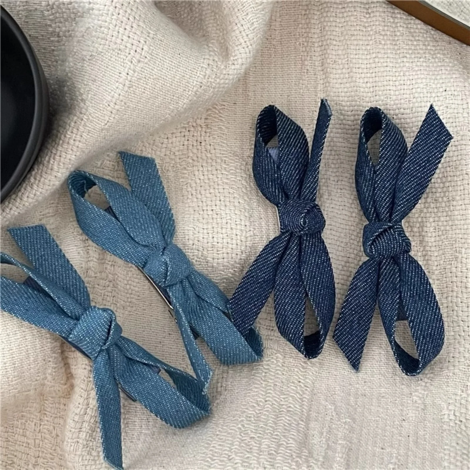 2PCS Cowboy Blue Fabric Bow Hair Clips Pair Clips Premium Feeling Side Broken Hair Bangs Clips Duckbill Clips