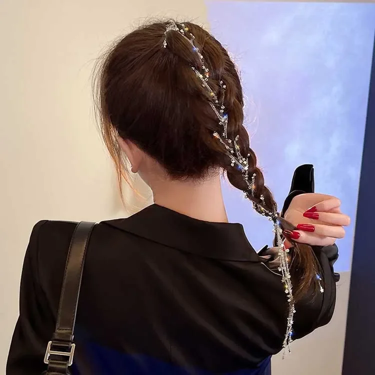 New Crystal Tassels Ponytail Hair Clips Ornaments Women Wedding Dreadlocks Hair Braid Silver Star Rhinestone Headdress