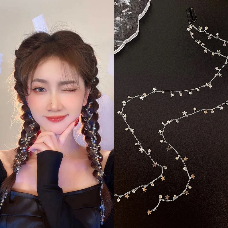 New Crystal Tassels Ponytail Hair Clips Ornaments Women Wedding Dreadlocks Hair Braid Silver Star Rhinestone Headdress